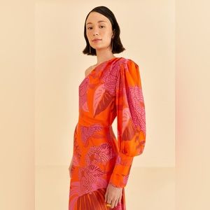 Farm Rio Red Dewdrop Floral One Shoulder Midi Dress NWT
